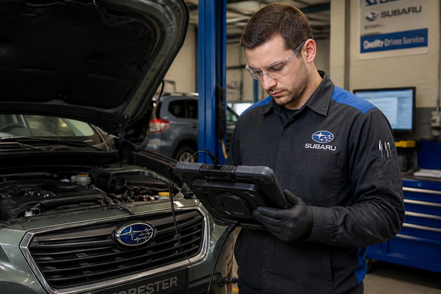 Technician running diagnostics on a Subaru Forester