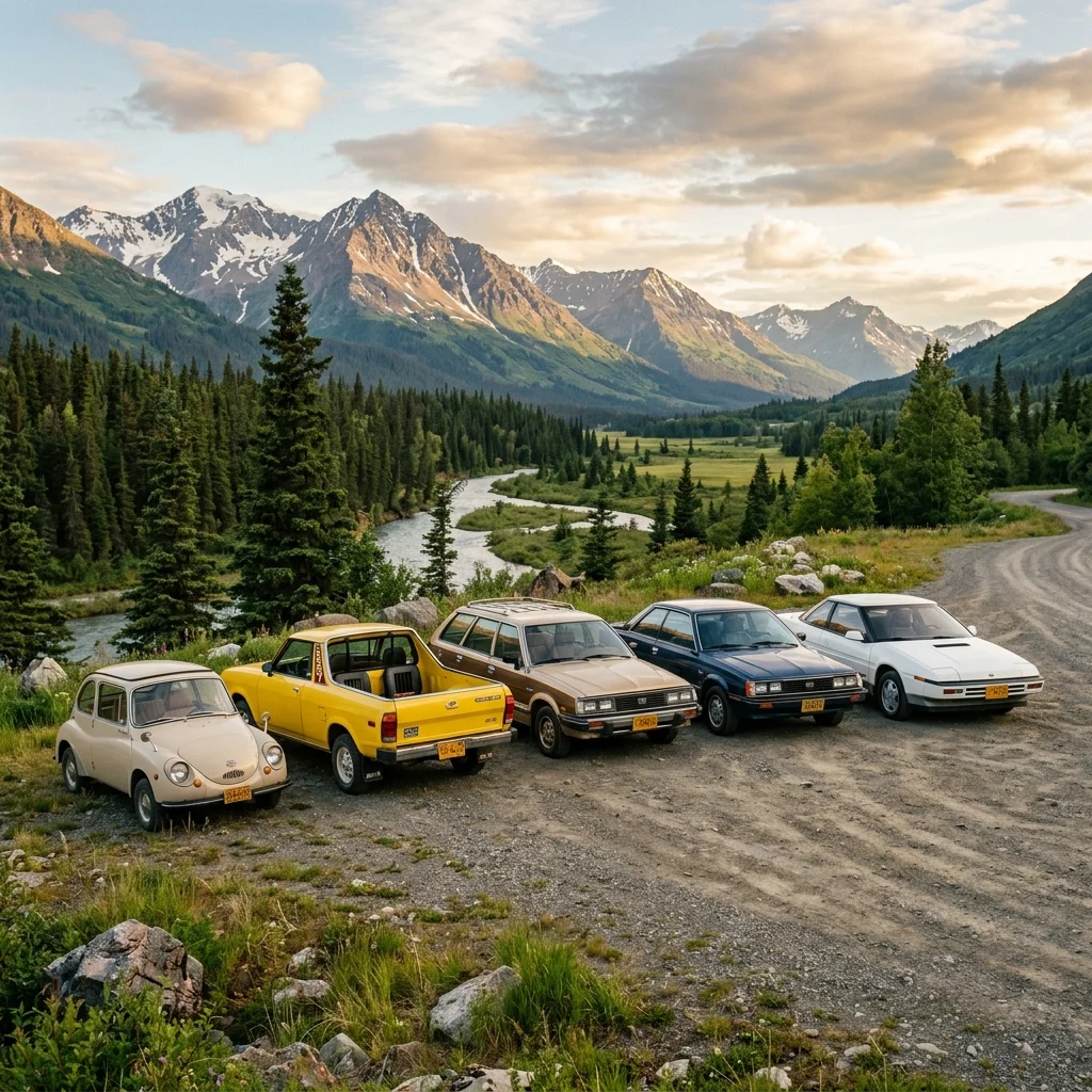 Vintage Subaru models from the 1970s and 1980s: GL Wagon, BRAT, Leone, XT Coupe