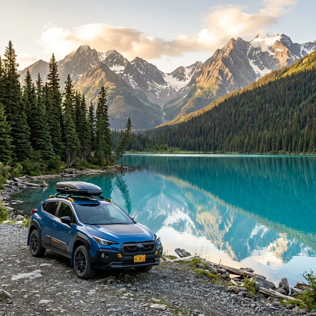 Subaru Crosstrek by a turquoise Alaskan lake