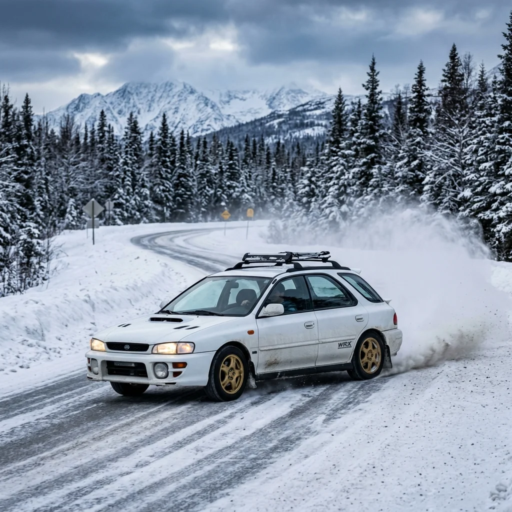 Subaru Impreza WRX wagon on a snowy Alaskan road
