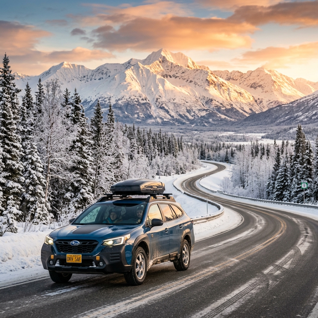 Subaru Outback on a Kenai Peninsula road at golden hour