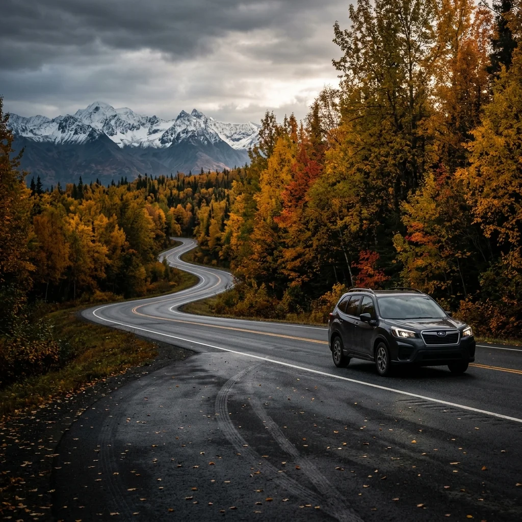 Subaru driving in beautiful Alaska landscape