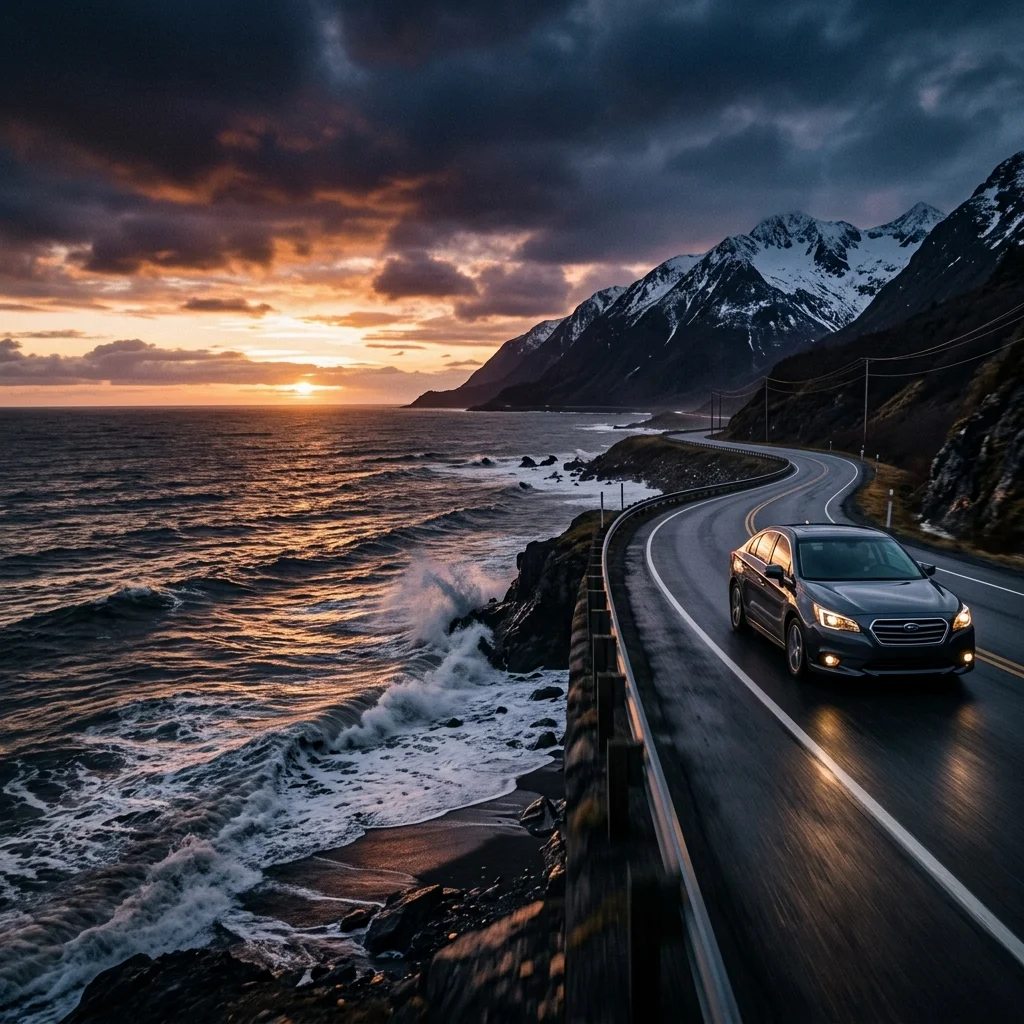 Subaru driving in beautiful Alaska landscape