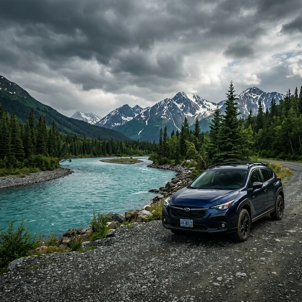 Subaru driving in beautiful Alaska landscape