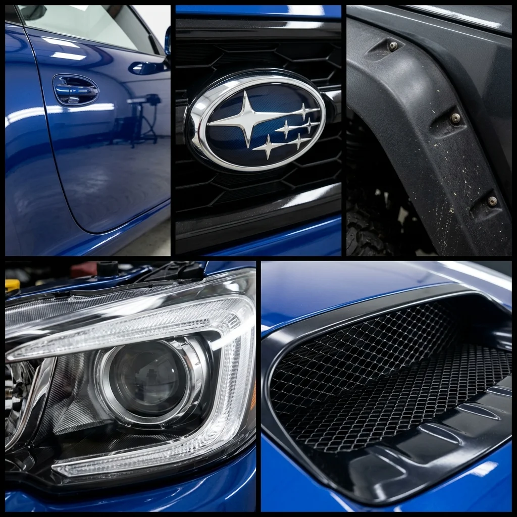 Close-up textures of Subaru body panels, fender flares, chrome badging, and project headlights