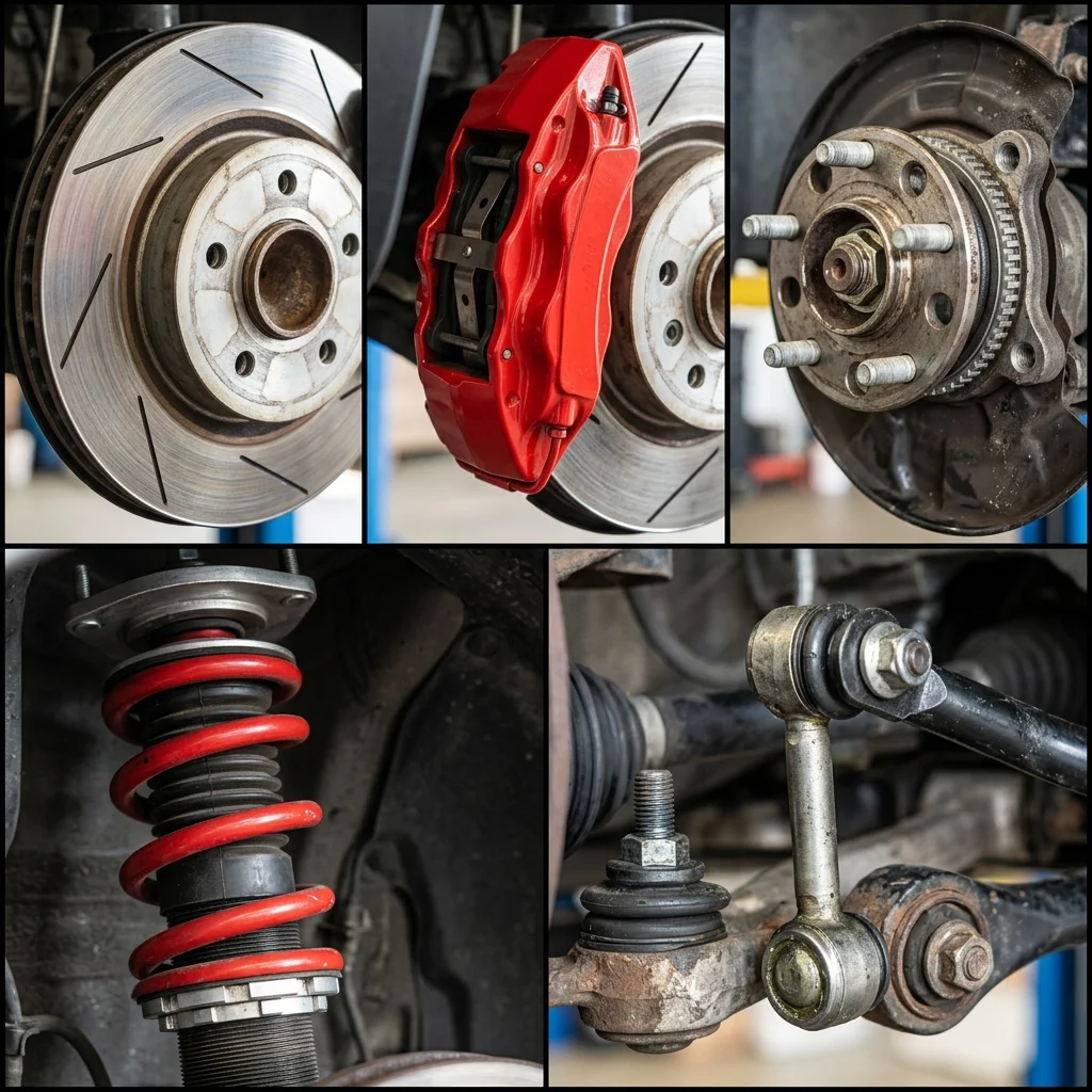 Close-up textures of brake components, calipers, rotors, and suspension joints