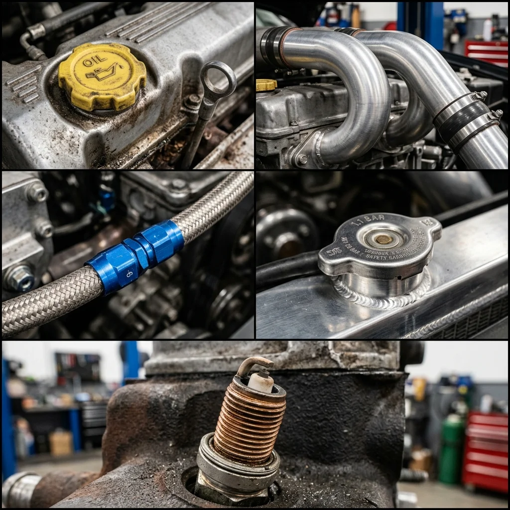 Close-up textures of mechanical engine valves, caps, hose fittings, and spark plugs