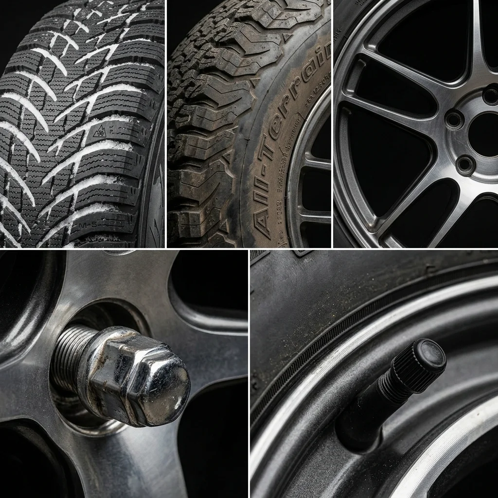 Close-up textures of snow tire tread patterns, alloy wheels, and studs